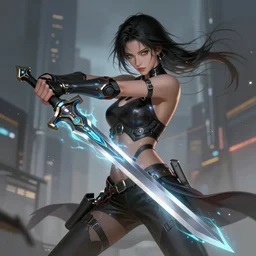 cyberpunk girl wielding a sci - fi sword, electric energy, beautiful, getting ready to fight, heroic pose, urban motifs, intricate, elegant, highly detailed, digital painting, trending on artstation, concept art, smooth sharp focus, illustration, art by artgerm and greg rutkowski