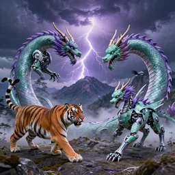 tiger and dragon cybernetic circling stalking high quality, photo realistic, high definition, shinto, jade and violet on a mountain with a storm in the background lightning harue koga inspired