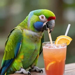 A portrait photo of a parrot sipping a fruity drink through a straw, real photo , 8k, Very real