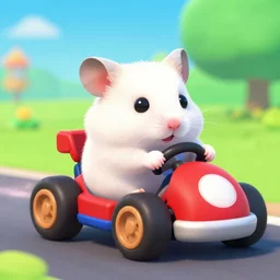 white hamster driving in mario kart