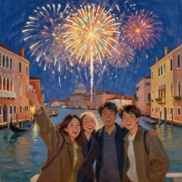 an oil painting of fireworks, with happy people in venice