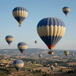 flying adventure. vintage hot air balloons flying high above the landscape renaissance matte painting. blue tones