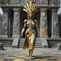 beautiful aztec inca woman pacing to temple by eddie mendoza hyperrealism expressive eyes cyborgess checkmates symmetrical very very detailed giger beksinski grey and gold