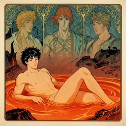 person bathing in lava illustration by joe fenton, syd mead, p. craig russell and barry windsor - smith, artstation, 4 k, graphic novel, concept art, matte painting, art nouveau