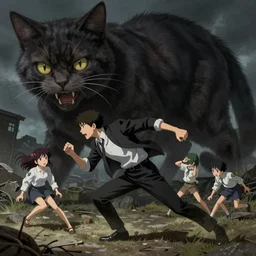 a ultradetailed beautiful panting of a man chased by a giant cat, a very scary photo, by ilya kuvshinov, greg rutkowski and makoto shinkai, trending on artstation