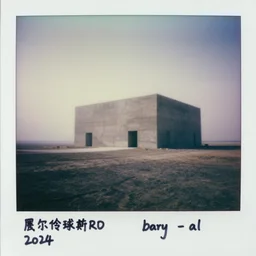 impossibly large concrete structure in the distance, middle of nowhere, minimalist architecture, megalophobia, top obscured by fog, old polaroid, expired film,