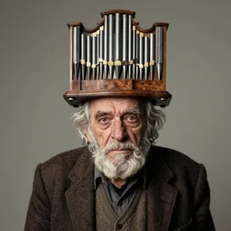 portrait of a crazy old man with a pipe organ head by luis royo and wayne barlowe, 8 k