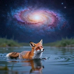 a fox swimming in a lake in space staring up at a galaxy, realistic, colorful
