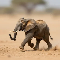 action photography, viewed from far away, award winning macro photo of a tiny ultra detailed muddy elephant running fast in desert sand, dirt and dust, fast shutter speed, motion blur, tiny gaussian blur, highly detailed, highly intricate, depth of field, national geographic
