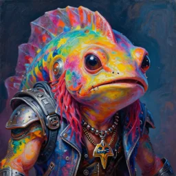 keith richards as an apocalyptic scifi orkish iridescent mudskipper monster biker character, psychedelic vibrant colors, futuristic punk rock fashion, oil painting by michael whelan art, richard corben, perfect face, sharp focus, detailed eyes, realistic, 8 k