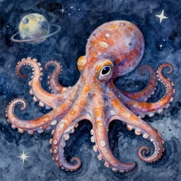 friendly octopus in space. watercolor. detailed. deep. masterpiece. claude monet
