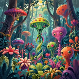 a forest of alien plants, award winning concept art, colorful, vibrant, surreal, trending on artstation