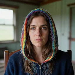 closeup portrait of a woman with a hood made of wire and rainbows, sitting in a chair in a derelict house, by Annie Leibovitz and Steve McCurry, natural light, detailed face, CANON Eos C300, ƒ1.8, 35mm, 8K, medium-format print