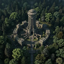 An awe inspiring highy detailed 3d render of a dense forest surrounding ancient alien structure, rule of thirds, night, three color scheme, by Darek Zabrocki