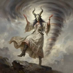 character concept art of sorceress wearing half horned mask and boots flying inside a tornado, full body shot, gown, crossing legs, raised hands, fantasy painterly style, intricate details, artwork by ross tran, artgerm, eimbrodered clothing, standing on rock