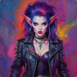 portrait of an apocalyptic demonic female goblin witch curvy biker babe character, cool pose, psychedelic vibrant colors, futuristic punk rock fashion, oil painting by michael whelan art, sharp focus, realistic, detailed eyes, hot girl, perfect face, 8 0 s hairstyle, studded leather jacket, 8 k, artgerm