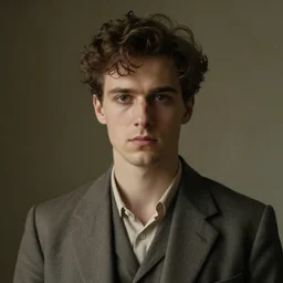 portrait painting of a young man of 3 0, messy brown, short hair, curly hair, poorly shaven, wearing a plain suit, short hair, journalist, looking gaunt, handsome, confident, full unreal render cinematic lighting art 1 9 2 0 period drama by bussiere rutkowski andreas rocha