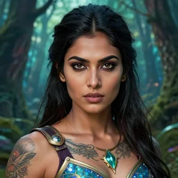 a tattooed indian female warrior wearing a magical leotard in a magical forest, highly detailed face, realistic face, beautiful detailed eyes, fantasy art, in the style of greg rutkowski, illustration, epic, fantasy, intricate, hyper detailed, artstation, concept art, smooth, sharp focus, ray tracing, vibrant