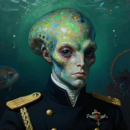 baroque neoclassicist close - up portrait of an alien naval admiral, underwater with sea creatures in the background. iridescent textures. deep green and blue. highly detailed science fiction painting by norman rockwell, frank frazetta, and syd mead. rich colors, high contrast, gloomy atmosphere. trending on artstation and behance.