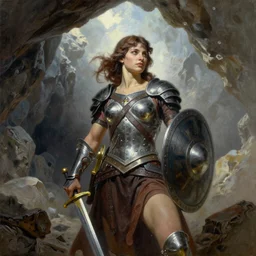 frank frazetta portrait of female warrior holding sword and sheild in grand cave, oil painting, ultra realistic, epic lighting from above