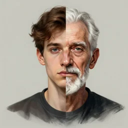 surrealist man with half of the face being young and the other half being old, bilateral asymmetry contrast, digital art trending on artstation