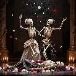 two female skeletons dancing on stage over a dead queen’s corpse, while it rains flowers everywhere, red and white flowers, candle light, Baroque
