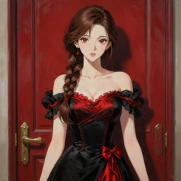 beautiful woman with braided brown hair, wearing an elegant dress, standing in front of a door, highly detailed, painting, red and black color palette, intricate, high quality anime artstyle