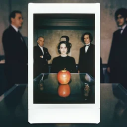 occult photograph of apple sitting on mirrored table in government facility by annie liebovitz, fritz lang, and beksinski, cursed polaroid, color 3 5 mm