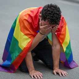 lgbt man kneeling on the ground crying, his hands on the ground, holding an lgbt flag, tears coming down his eyes