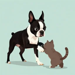 a boston terrier playing with a cat, digital art, graphic novel
