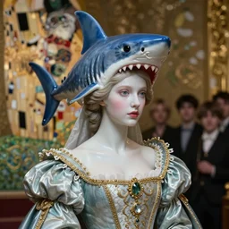 a masterpiece ultrarealistic ultradetailed portrait of a incredibly beautiful princess with shark head. baroque renaissance. medium shot, intricate, elegant, highly detailed. trending on artstation, digital art, by stanley artgerm lau, wlop, rossdraws, james jean, andrei riabovitchev, marc simonetti, yoshitaka amano. background by james jean and gustav klimt, light by julie bell, 4 k, porcelain skin.