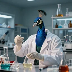 a photo of an peacock dressed as a scientist doing chemistry experiments in a laboratory, ful color cinematic volumetic ligtin
