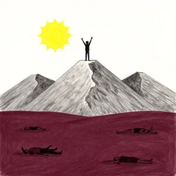at home drawing pictures of mountain tops with him on top, lemon yellow sun, arms raised in a'v ', and the dead lay in pools of maroon below, pearl jam album cover