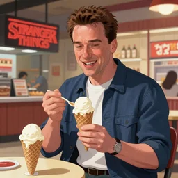Arnold Schwartzenegger as Vecna from Stranger Things ordering ice cream from Hawkings mall, artstation, mucha, wlop, 8k