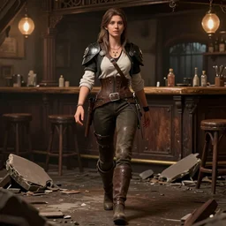 full body character portrait of a female lavellan from dragon age walking through a destroyed dive bar wearing inquisitor clothes, with a realistically proportioned face, realistically rendered face, 3 d model, unreal engine 5, realistically rendered clothing, enhance face, octane render, 8 k, realistic lighting, good value control, realistic shading, substance painter
