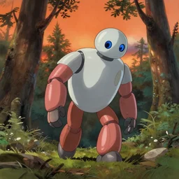 a painting of a robot in the middle of a forest by laika studios, detailed, dynamic perspective, ghibli - style, disney - style, orange sky, realistic shading, mixed media