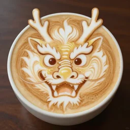 photo, asian dragon's head as latte art, dragon face, playful, illustration