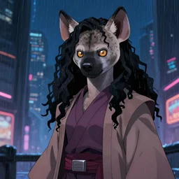 character portrait of a female anthro hyena fursona with long black curly hair wearing jedi robes in a cyberpunk city at night while it rains. hidari, color page, tankoban, 4K, tone mapping, Akihiko Yoshida.
