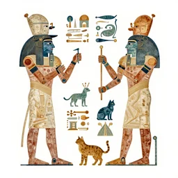 large maya hieroglyphs with robots and cats, colored, white background