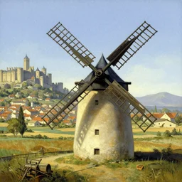 windmill, very long shot, medieval french fields, farms, village outside of carcassonne, city of carcassonne in the background, by stanley artgerm lau, wlop, rossdraws, frank frazetta, andrei riabovitchev, marc simonetti, tranding on artstation