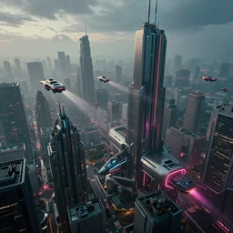 an aerial photograph of a futuristic, blade runner city with heavy atmosphere. Flying vehicles. Volumetric light. Rainfall. Dystopic. Evening, neon lights. 8k. Filmic. By Dylan Cole. Highly detailed. Octane render.