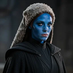 star wars portrait of a woman by greg rutkowski, young female twi'lek, blue skin, wearing a wool cap and black robes, detailed portrait, sharp foccus, cinematic ilumination, artstation hq.