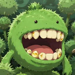 Plant monster with toothed jaws and amber teeth, green thistle fur, anime visual, trending on art station