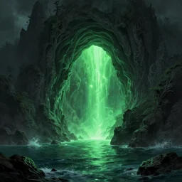 a scary portal glowing green portal to another world in darwin's arch in the galapagos islands, ocean and rock landscape, d & d, fantasy, intricate, elegant, highly detailed, digital painting, artstation, concept art, matte, sharp focus, illustration, art by greg rutkowski and rembrandt