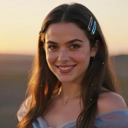 big - eyed mila kunis winter princess smiling intensely into the camera, sundown golden hour firefly wisps, cyberpunk neon, hair clips, focal length : 2 0 0. 0 mm, steve hanks, charlie bowater, mark brooks, steve henderson, justin gerard, mark keathley, victor nizovtsev, tom bagshaw, krenz cushart, ross tran