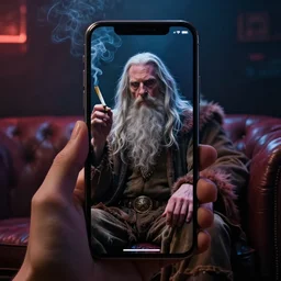 a smartphone picture of stoned gandalf smoking a joint sitting on a couch in a night club,