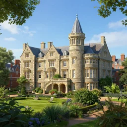 a large victorian college building with other houses and trees, blue sky, highly detailed, sunny, volumetric, cinematic lighting, realistic, digital art by greg rutkowski