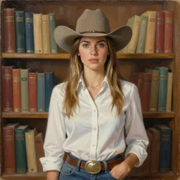 a painting of a woman! standing in front of a book!!! shelf!!!, facing the camera, cowboy shot, a character portrait by fernando amorsolo, elegant, behance contest winner, concept art, by greg rutkowski