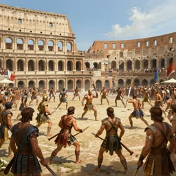 a historical depiction of an epic scene at the roman coliseum filled with dueling gladiators, in the style of greg rutkowski, michelangelo, digital painting, unreal engine, extremely detailed masterpiece