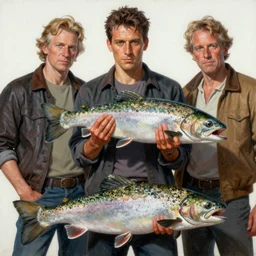 A mixed media painting of men with trouts by Boris Vallejo, Beeple, Frank Frazetta, Greg Rutkowski, Christian MacNevin, Alphonse Mucha, epic fantasy character art, high fantasy, CGsociety, 60's Sci-fi Pinup style, exquisite detail, post-processing, masterpiece, cinematic